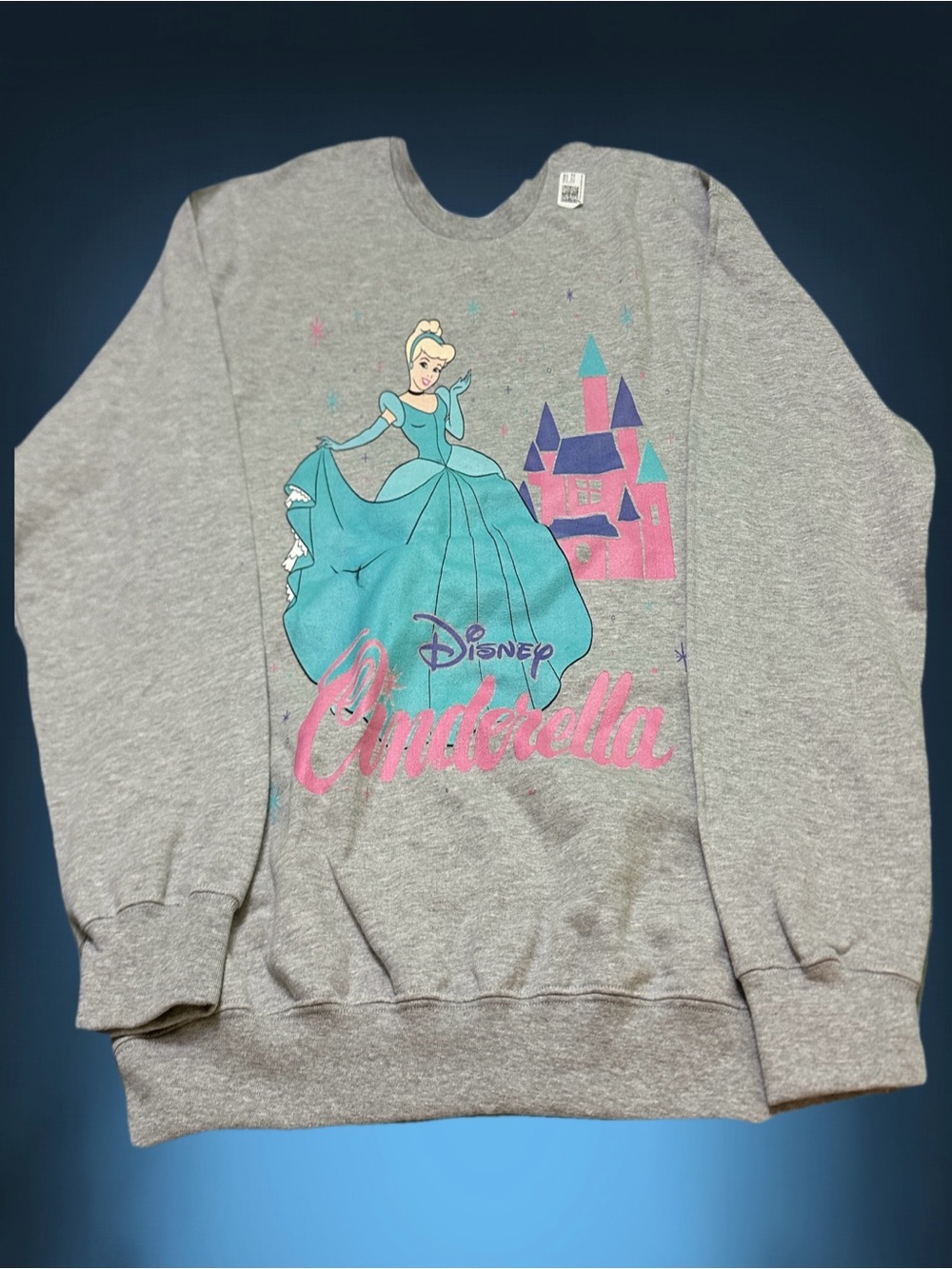 Disney Gray Sweatshirt Retro with Teal Cinderella and Pink Castle Graphic XL